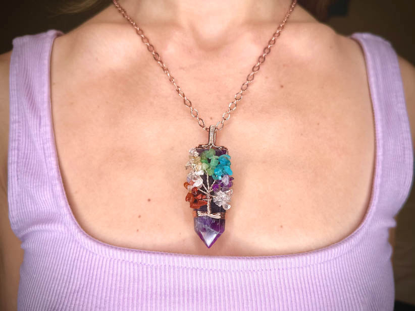 (NEW) Amethyst Tree of Life Pendant- Copper Wrapped Crystal Necklace with Chakra Light Codes