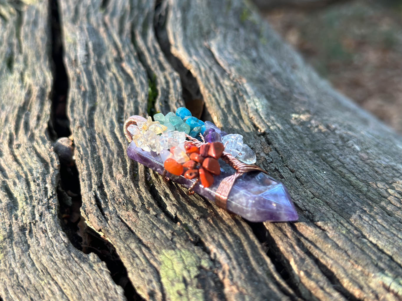 (NEW) Amethyst Tree of Life Pendant- Copper Wrapped Crystal Necklace with Chakra Light Codes